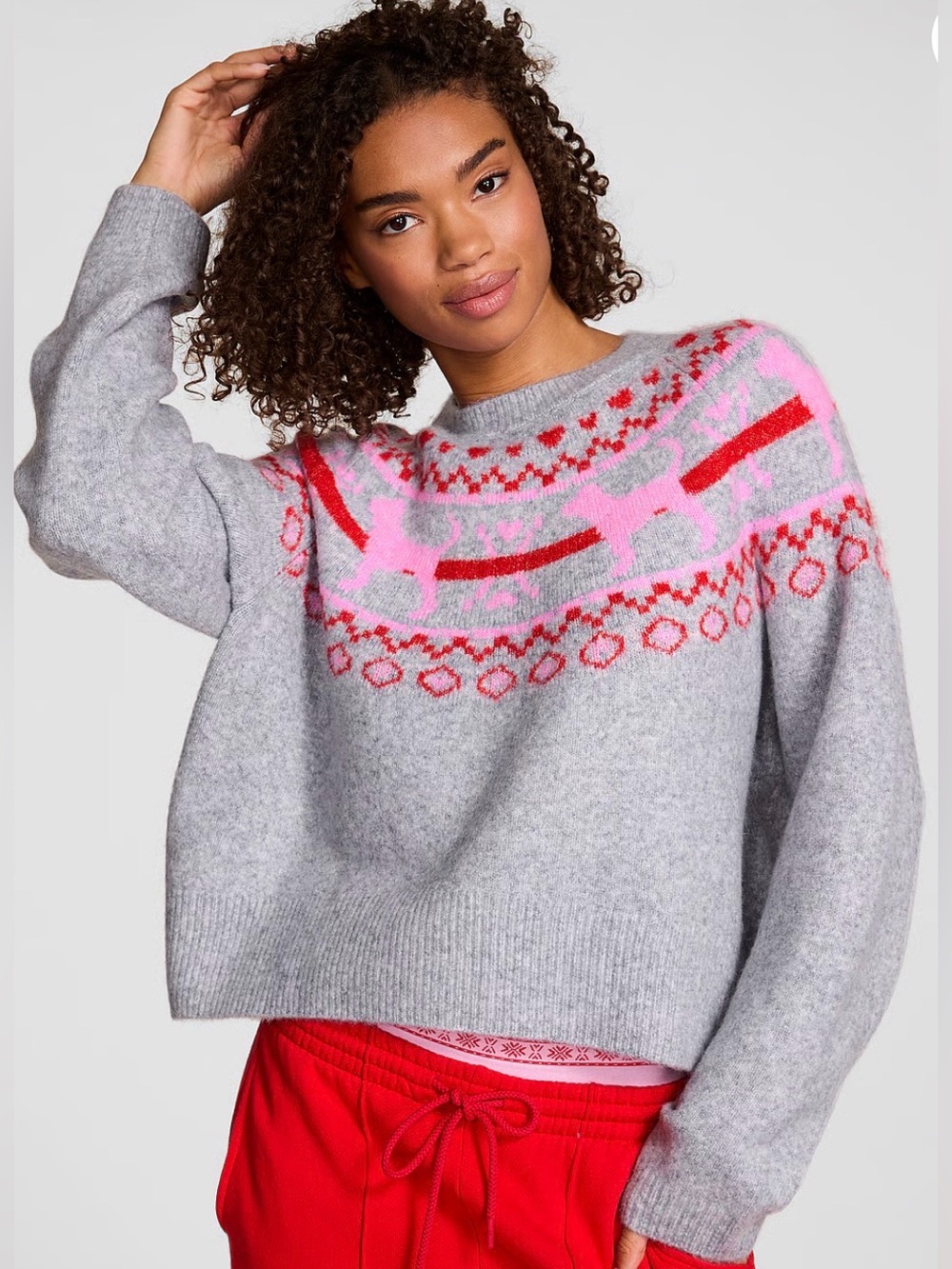 Victoria’s Secret PINK Not Your Boyfriend’s Boxy Sweater S Fair Isle Dog Yoke